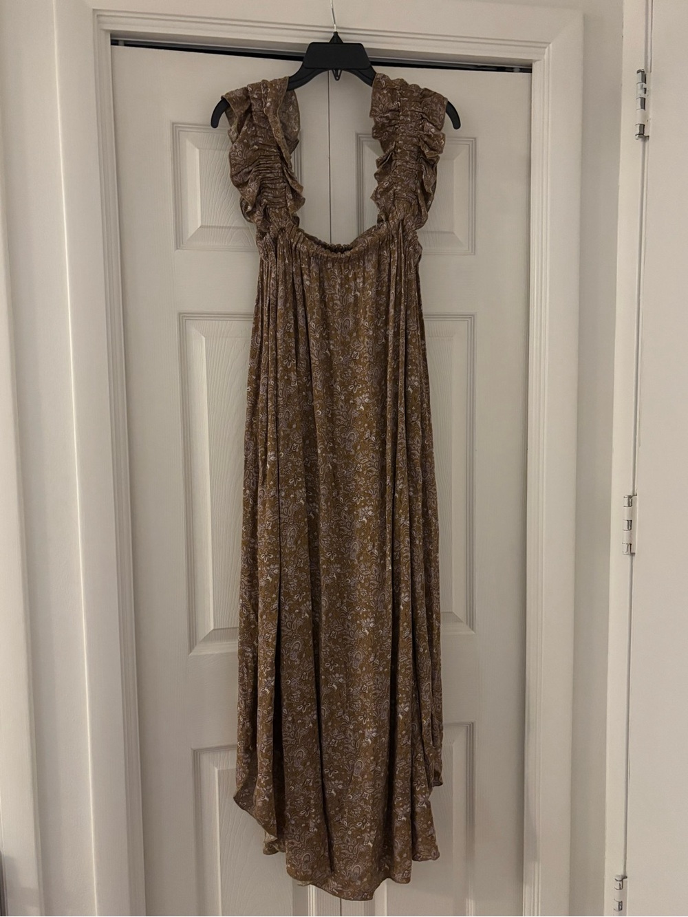 NWT STORY MFG Brown and Gold Ruffled Strap Paisley Maxi Dress - Picture 6 of 12